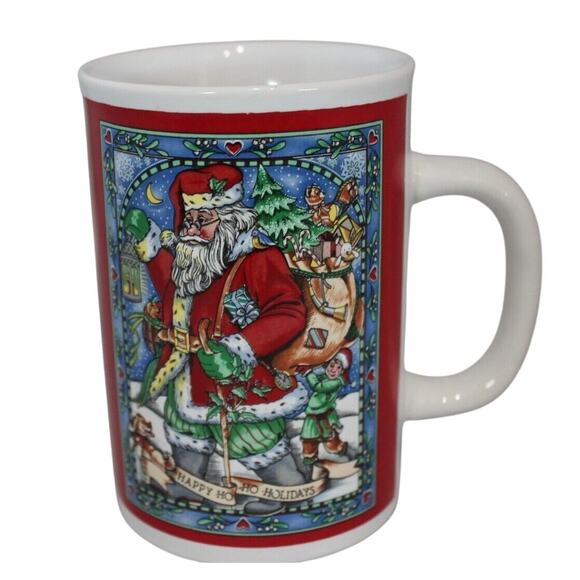 PAPEL Walking Santa with Bag/Lantern Red Mug Happy Ho Ho Holiday - Picture 1 of 5